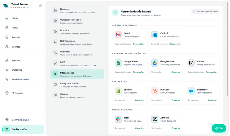 Integrations in the Yatendi dashboard